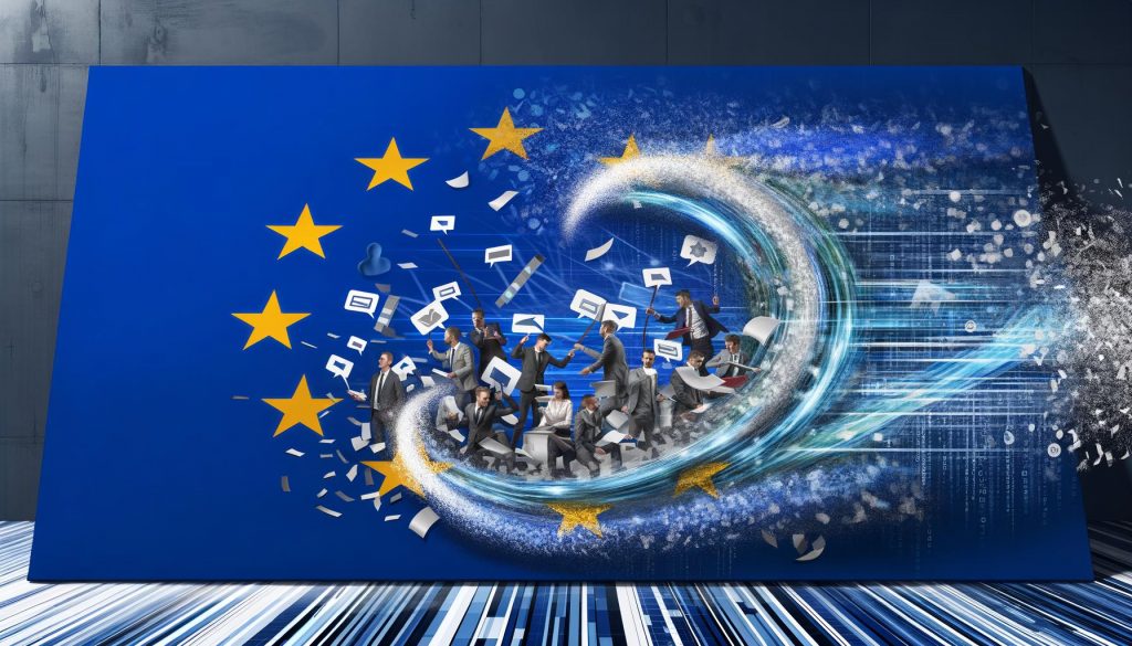 Stilisierte Online-Marketing-Experten kämpfen vor digitaler Europaflagge gegen eine massive Gesetzeswelle, umgeben von Datenströmen und Consent-Bannern.