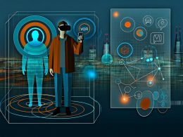 Minimalistisches Titelbild mit abstrahierter Person, die eine VR-Brille und ein Smartphone trägt. Umgeben von transparenten AR-Overlays, 3D-Diagrammen und KPIs vor einer futuristischen Großstadt mit digitalen Netzwerken und User-Flows.