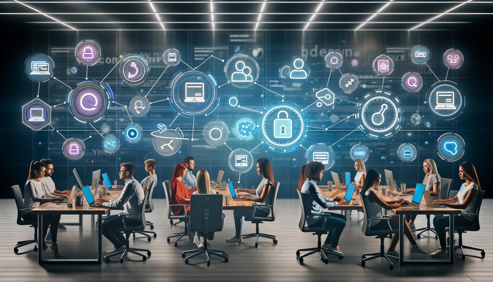 Futuristisches Büro mit Content-Team, digitalen Screens, Tools wie Headless CMS, Automatisierung, Content-Kalender und vernetzten Datenströmen.