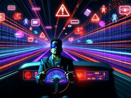 Illustration eines blindfahrenden Marketers am Steuer eines futuristischen Autos voller bunter Dashboards und Warnlichter auf einer nächtlichen Daten-Autobahn mit drohender Fehlermauer im Hintergrund.