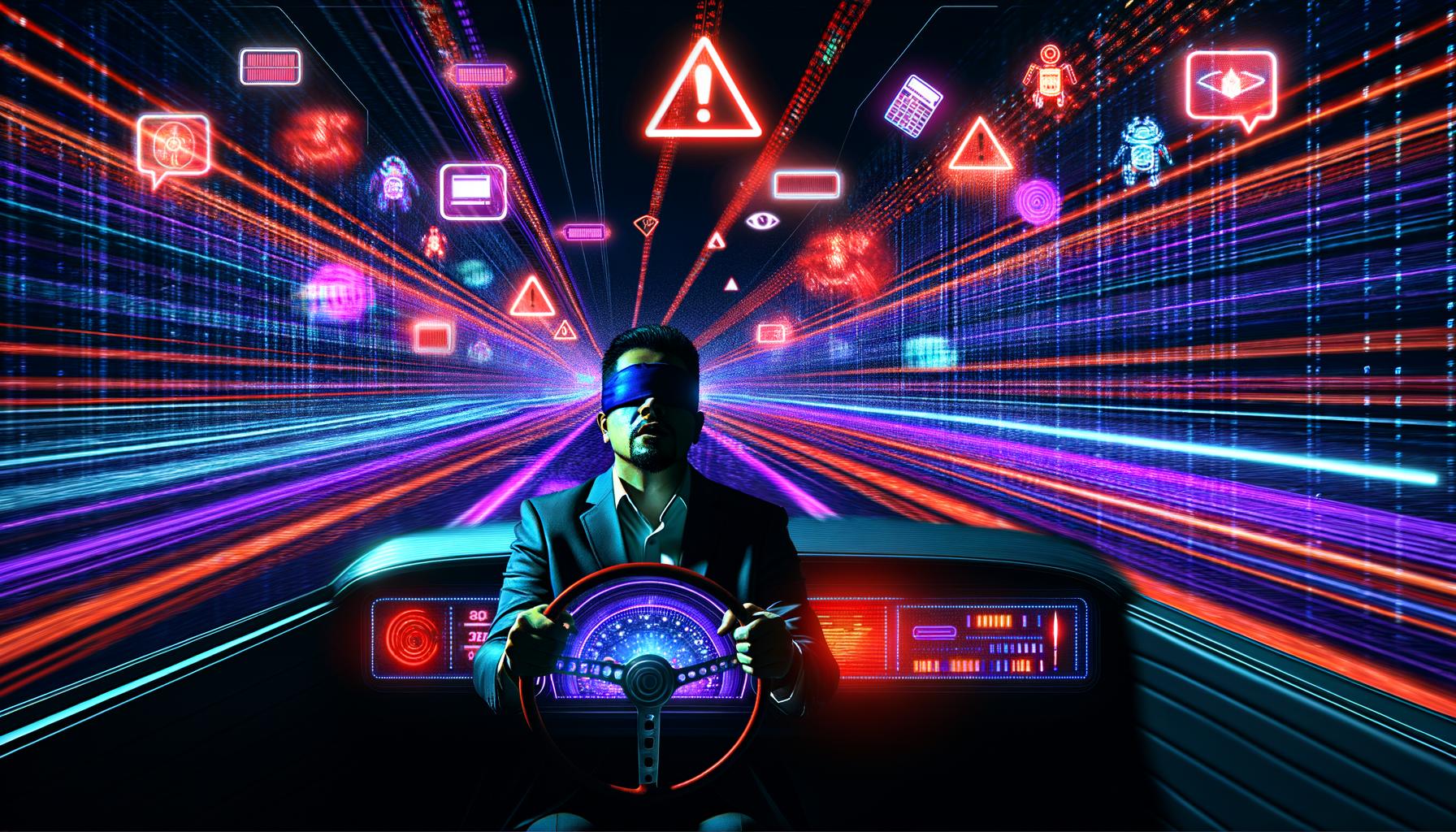 Illustration eines blindfahrenden Marketers am Steuer eines futuristischen Autos voller bunter Dashboards und Warnlichter auf einer nächtlichen Daten-Autobahn mit drohender Fehlermauer im Hintergrund.