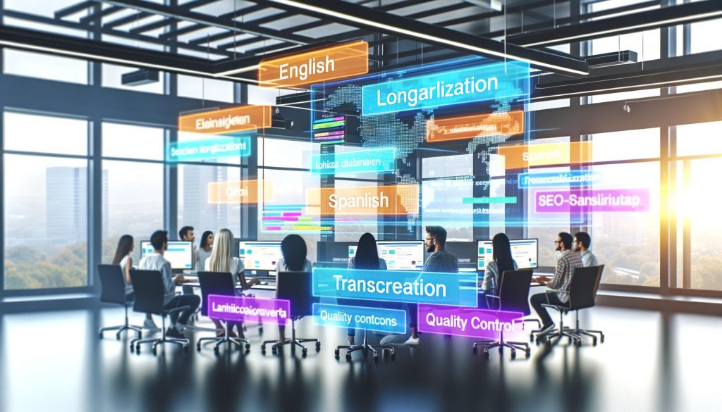 Modernes Open-Space-Büro mit international besetztem Team, das an mehrsprachigen Websites mit SEO- und Lokalisierungs-Workflow arbeitet.