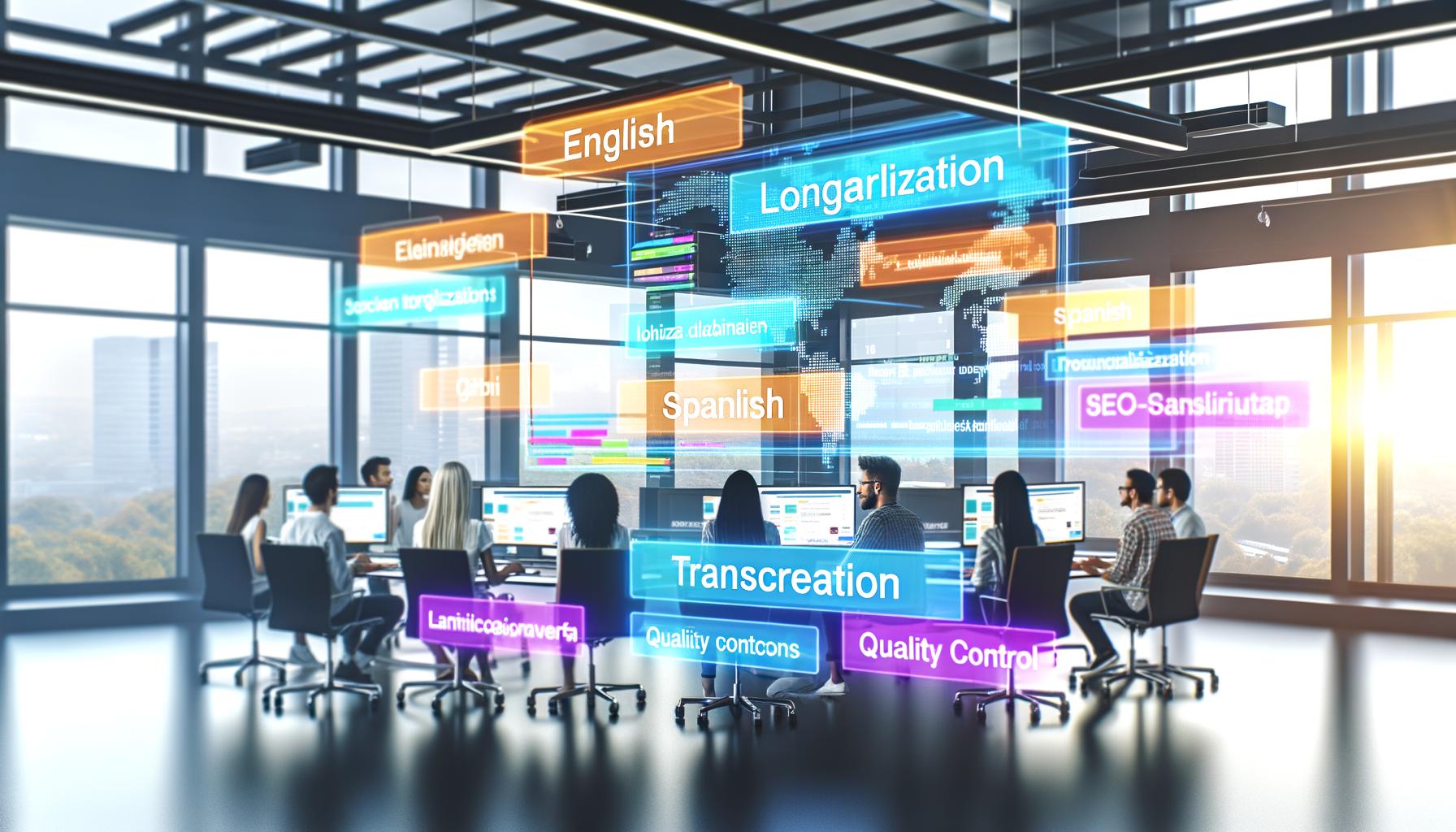 Modernes Open-Space-Büro mit international besetztem Team, das an mehrsprachigen Websites mit SEO- und Lokalisierungs-Workflow arbeitet.