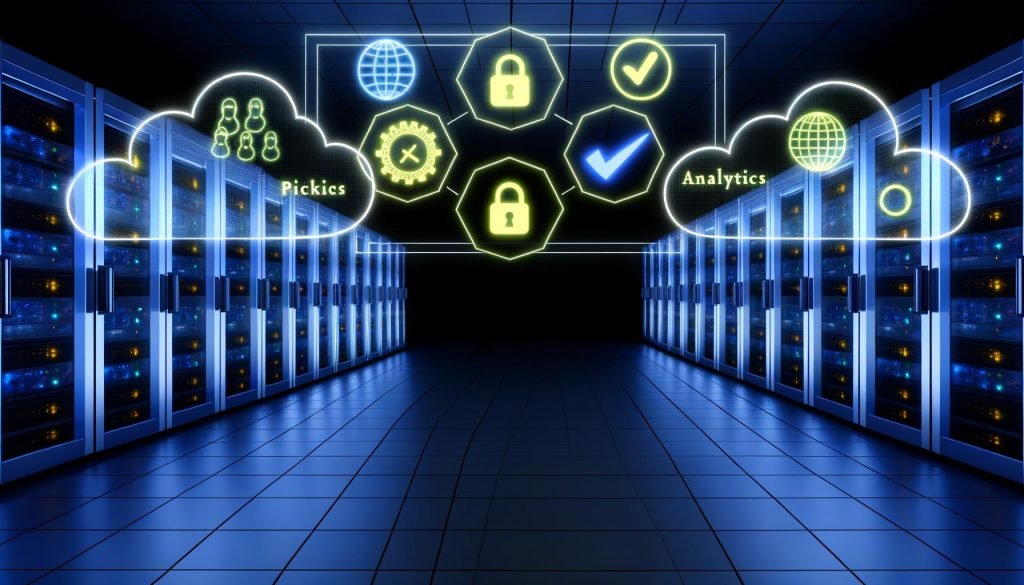 Dunkler, moderner Serverraum mit schwebender digitaler Oberfläche, durchgestrichenen Cookies, Sicherheitssymbolen und sicheren Datenströmen zu Analytics und Meta.