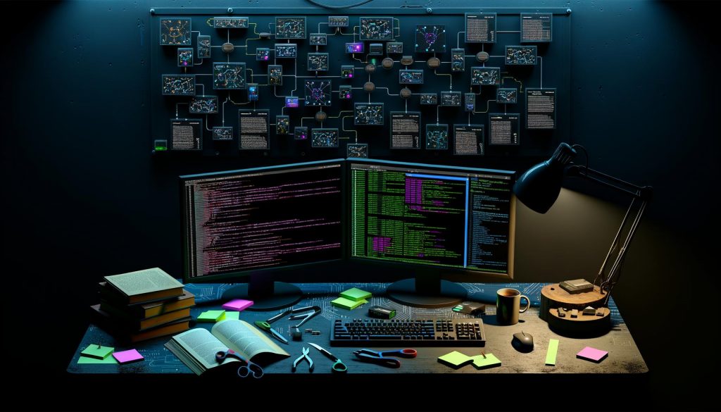 Futuristischer Arbeitsplatz mit leuchtenden Monitoren, die n8n-Workflows und Automatisierungsprozesse sowie verstreute Notizen und Bücher zeigen.