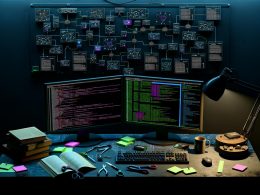 Futuristischer Arbeitsplatz mit leuchtenden Monitoren, die n8n-Workflows und Automatisierungsprozesse sowie verstreute Notizen und Bücher zeigen.