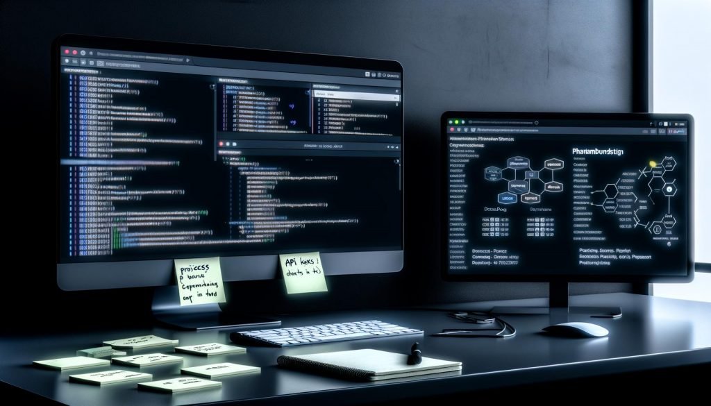 Moderner Arbeitsplatz mit Phantombuster-Dashboard, Prozessnotizen, Proxy-Listen und professionellen Monitoring-Tools in einem minimalistisch beleuchteten, dunklen Raum.