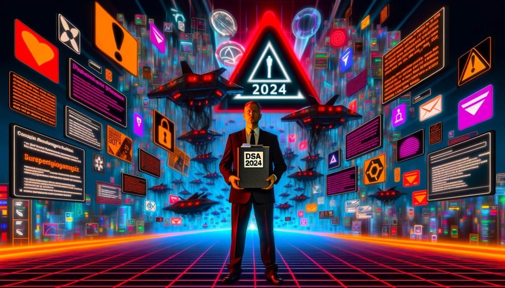 Moderner europäischer Bürokrat mit DSA 2024-Aktendeckel vor futuristischen Monitoren mit Datenströmen, Warnhinweisen und symbolischen Fesseln um Social-Media-Icons im Stil von Cyberpunk.