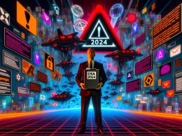 Moderner europäischer Bürokrat mit DSA 2024-Aktendeckel vor futuristischen Monitoren mit Datenströmen, Warnhinweisen und symbolischen Fesseln um Social-Media-Icons im Stil von Cyberpunk.