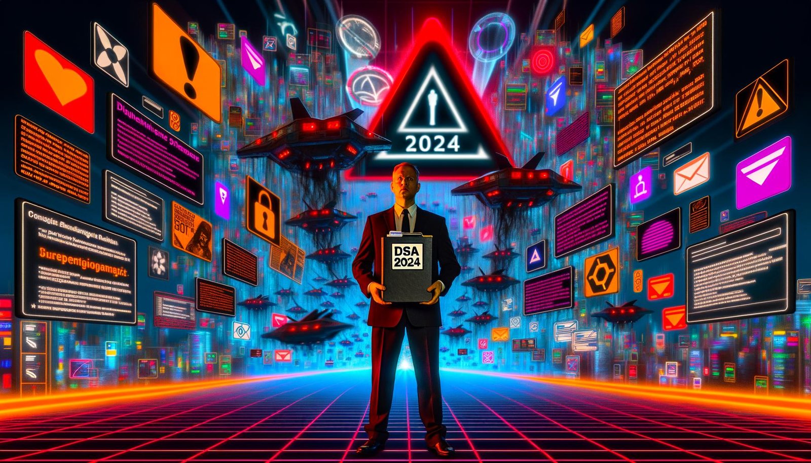 Moderner europäischer Bürokrat mit DSA 2024-Aktendeckel vor futuristischen Monitoren mit Datenströmen, Warnhinweisen und symbolischen Fesseln um Social-Media-Icons im Stil von Cyberpunk.