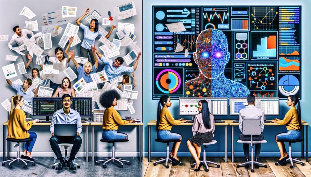 Vergleich einer Marketing-Agentur: traditioneller Marketer mit Excel-Tabellen neben Hightech-Team mit automatisierten Machine-Learning-Dashboards und modernen Datenvisualisierungen.