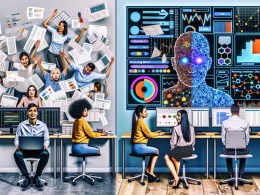 Vergleich einer Marketing-Agentur: traditioneller Marketer mit Excel-Tabellen neben Hightech-Team mit automatisierten Machine-Learning-Dashboards und modernen Datenvisualisierungen.