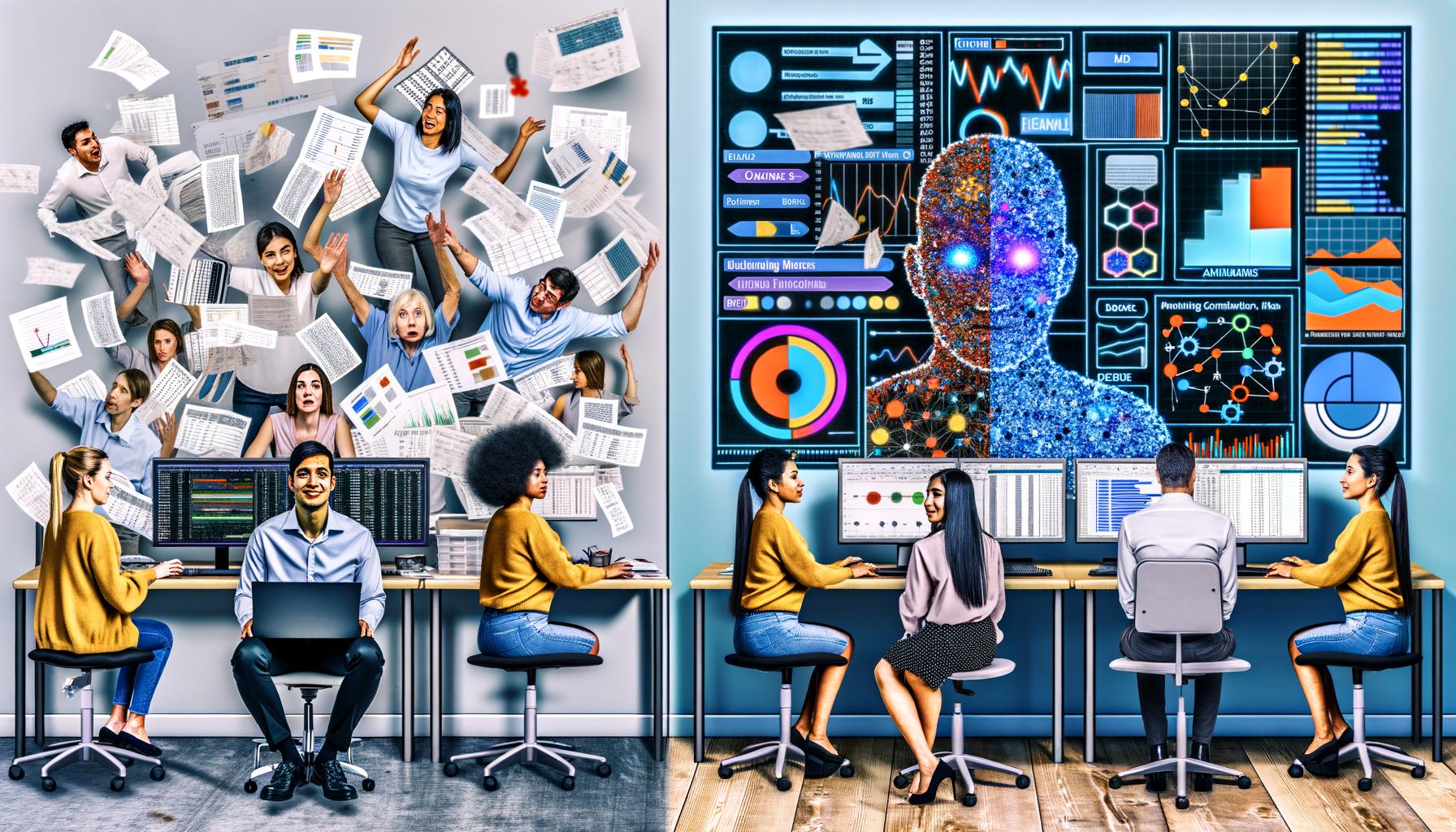 Vergleich einer Marketing-Agentur: traditioneller Marketer mit Excel-Tabellen neben Hightech-Team mit automatisierten Machine-Learning-Dashboards und modernen Datenvisualisierungen.