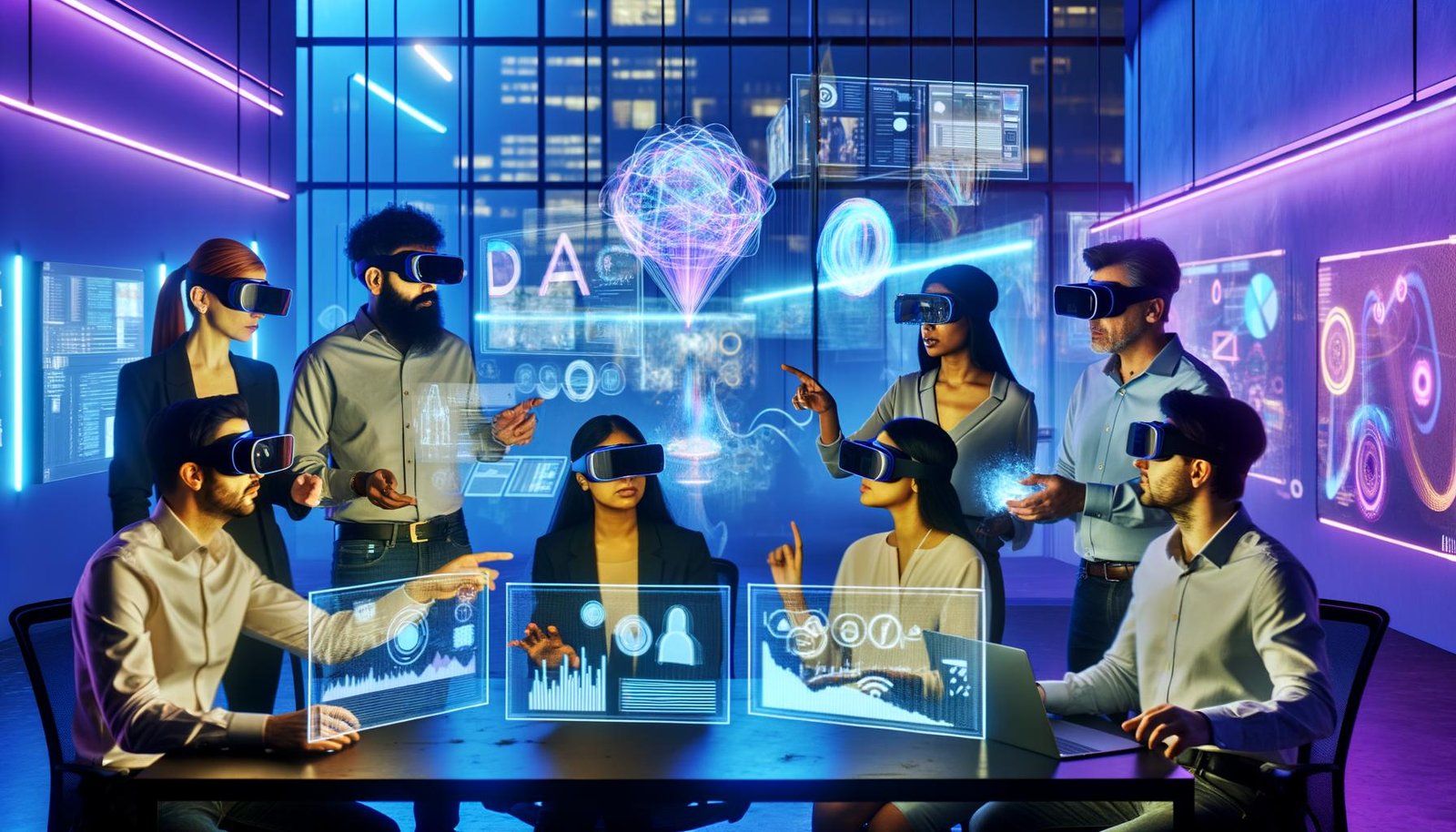 Team arbeitet in einer modernen Marketingagentur mit AR-Brillen, VR-Headsets und holografischen 3D-Displays in einem technologiegetriebenen, neonbeleuchteten Raum.