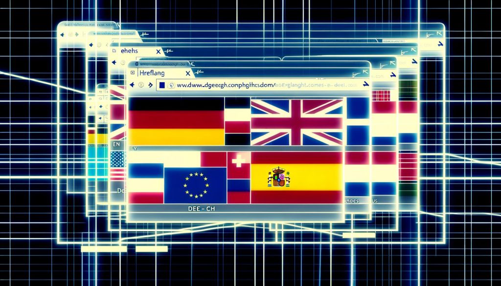 Dynamische Illustration eines internationalen Website-Interfaces mit mehreren Sprachvarianten, Flaggen und Hreflang-Tag-Generator im technischen Magazin-Stil.