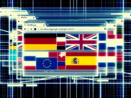 Dynamische Illustration eines internationalen Website-Interfaces mit mehreren Sprachvarianten, Flaggen und Hreflang-Tag-Generator im technischen Magazin-Stil.