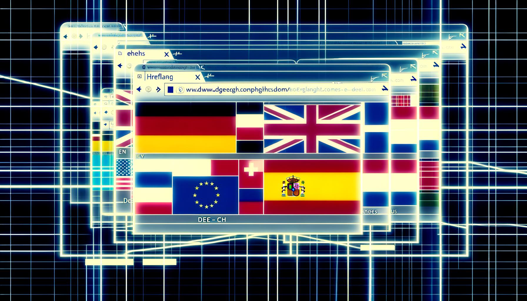 Dynamische Illustration eines internationalen Website-Interfaces mit mehreren Sprachvarianten, Flaggen und Hreflang-Tag-Generator im technischen Magazin-Stil.