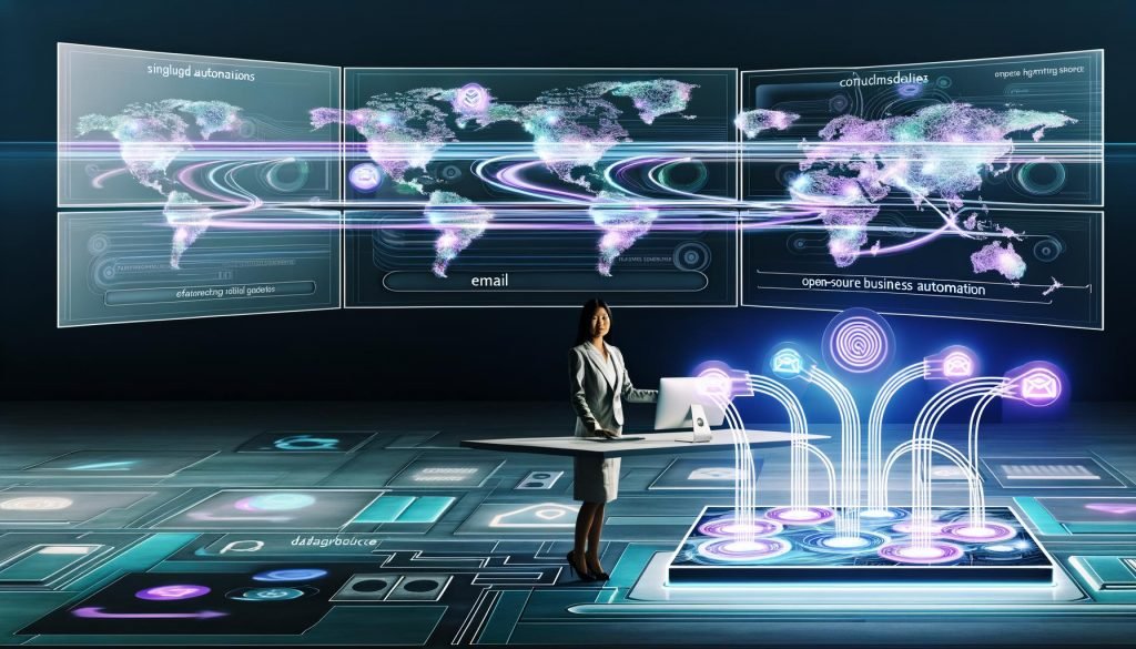 Person verwaltet auf einem futuristischen High-Tech-Arbeitsplatz komplexe n8n-Automatisierungen vor schwebenden Bildschirmen mit leuchtenden Workflow-Diagrammen und digitalen Knoten, umgeben von modernen UI- und Marketing-Symbolen.