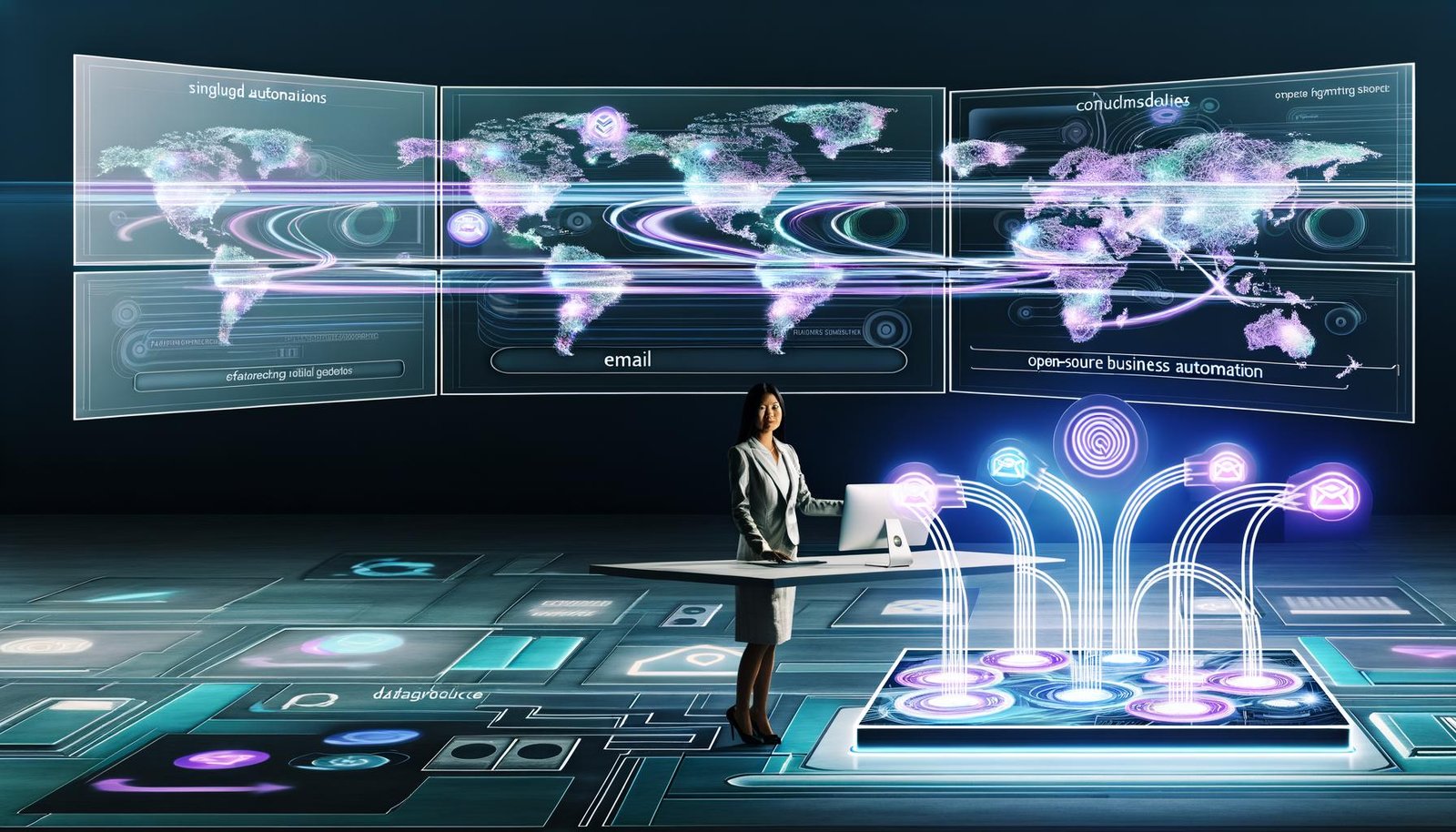 Person verwaltet auf einem futuristischen High-Tech-Arbeitsplatz komplexe n8n-Automatisierungen vor schwebenden Bildschirmen mit leuchtenden Workflow-Diagrammen und digitalen Knoten, umgeben von modernen UI- und Marketing-Symbolen.
