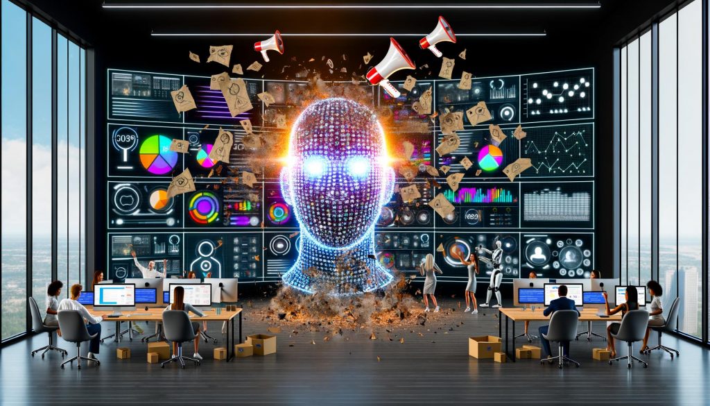 Futuristisches Büro 2025 mit KI-Kopf aus Datenströmen, der klassische Marketing-Symbole zerstört. Menschen und Roboter arbeiten nebeneinander an Hightech-Analytik-Monitoren.