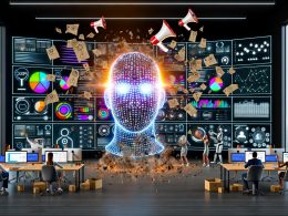 Futuristisches Büro 2025 mit KI-Kopf aus Datenströmen, der klassische Marketing-Symbole zerstört. Menschen und Roboter arbeiten nebeneinander an Hightech-Analytik-Monitoren.