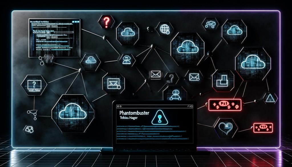 Dunkler Laptop mit Phantombuster-Oberfläche in einem neonbeleuchteten Maschinenraum voller Automations- und Social-Media-Symbole, Cloud-Elemente, schimmernde API-Schlüssel, technische Warnsignale und Proxy-Grafiken.
