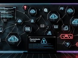 Dunkler Laptop mit Phantombuster-Oberfläche in einem neonbeleuchteten Maschinenraum voller Automations- und Social-Media-Symbole, Cloud-Elemente, schimmernde API-Schlüssel, technische Warnsignale und Proxy-Grafiken.