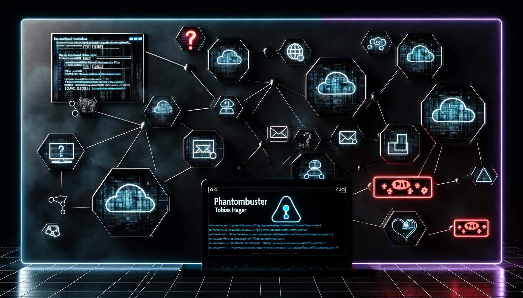Dunkler Laptop mit Phantombuster-Oberfläche in einem neonbeleuchteten Maschinenraum voller Automations- und Social-Media-Symbole, Cloud-Elemente, schimmernde API-Schlüssel, technische Warnsignale und Proxy-Grafiken.