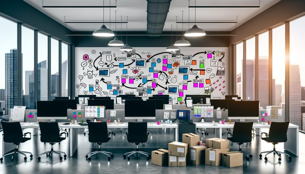 Großraumbüro mit Content-Team, verschiedenen Workflow-Boards auf Monitoren, Skizzen von SEO-Performance, Papierstapeln und Kaffeetassen, kreative Agenturumgebung mit Stadtblick.