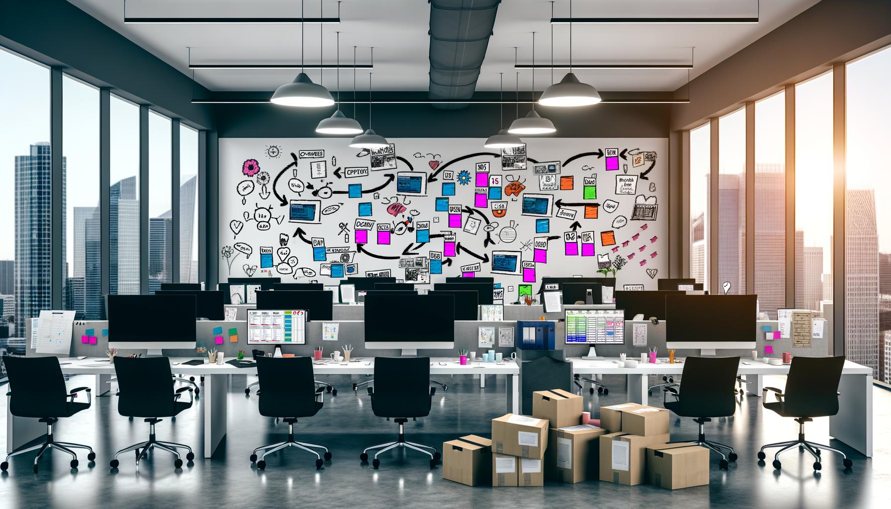 Großraumbüro mit Content-Team, verschiedenen Workflow-Boards auf Monitoren, Skizzen von SEO-Performance, Papierstapeln und Kaffeetassen, kreative Agenturumgebung mit Stadtblick.