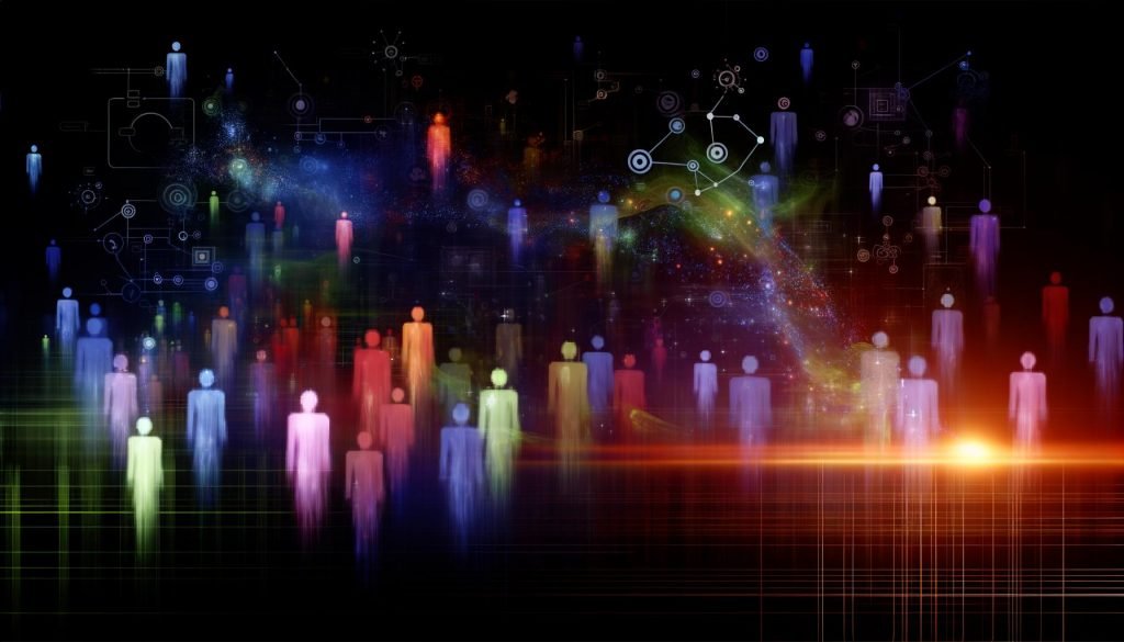 Futuristische Illustration mit einer abstrahierten Menschenmenge, aus der einzelne bunte Kundensilhouetten verblassen. Datenpunkte, Diagramme und neuronale Netzwerke schweben über einer nächtlichen Großstadt-Szenerie.