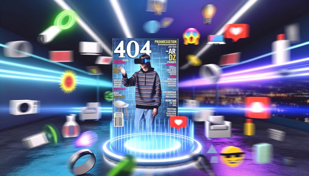 Futuristisches Titelbild: Junge Person mit VR/AR-Brille steuert holografisches Interface, umgeben von digitalen Objekten, Emojis und Werbe-Icons vor unscharfen Werbebannern.