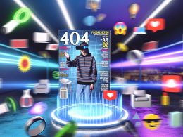 Futuristisches Titelbild: Junge Person mit VR/AR-Brille steuert holografisches Interface, umgeben von digitalen Objekten, Emojis und Werbe-Icons vor unscharfen Werbebannern.