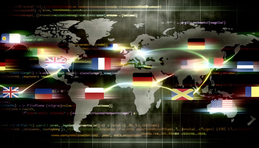 Moderne Digital-Weltkarte mit farbigen Browserfenstern, Länderkennungen und vernetzten URL-Endungen, im Hintergrund technische SEO-Codes und hreflang-Tags.