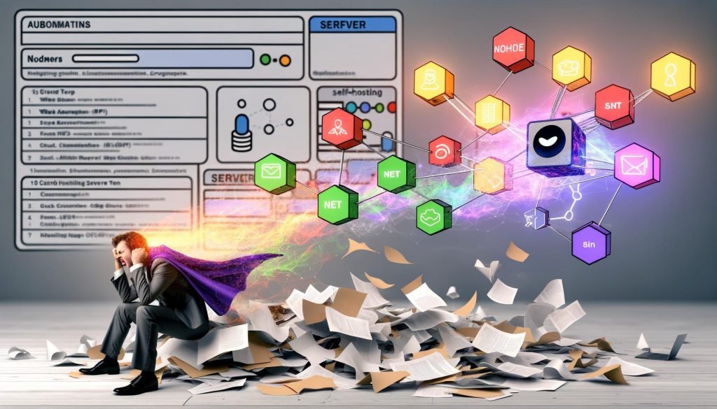 Comicartige Darstellung einer gestressten Person im Papierchaos, während eine leuchtende n8n-Automation als Superheld eingreift; daneben technische Visualisierungen von n8n-Workflows mit Nodes, Integrationen sowie ein Vergleich zu Zapier/Make und ein sicherer Serverraum.