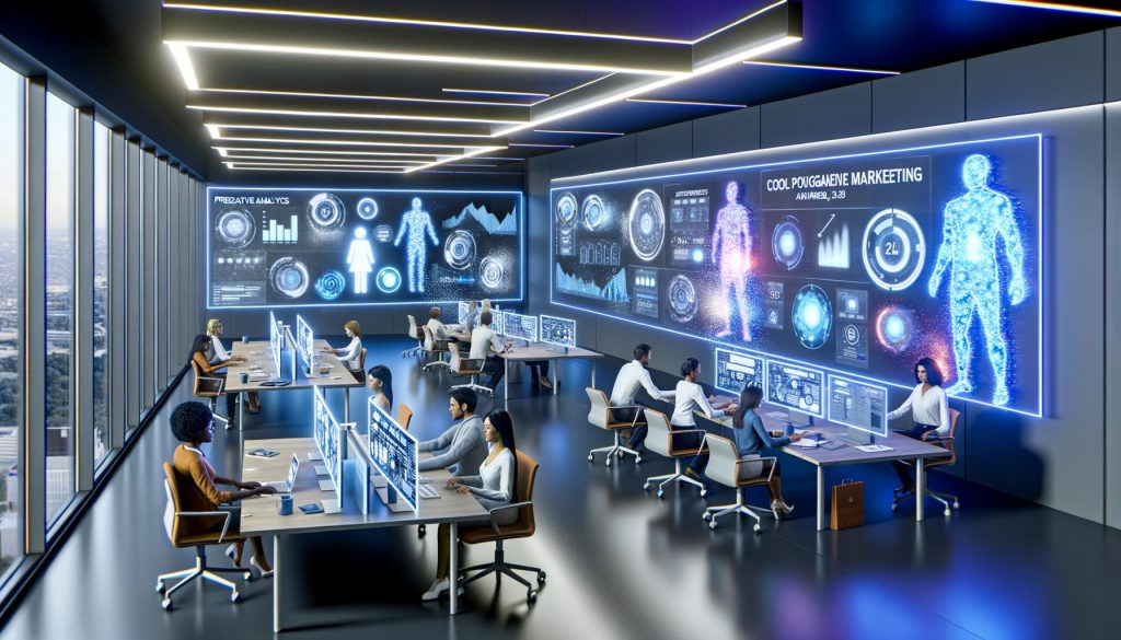 Futuristisches Marketingbüro mit KI-Avataren, holographischen Datenanzeigen, kreativen Teamwork und modernen Analyse-Tools in digital beleuchtetem Umfeld.