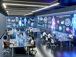 Futuristisches Marketingbüro mit KI-Avataren, holographischen Datenanzeigen, kreativen Teamwork und modernen Analyse-Tools in digital beleuchtetem Umfeld.