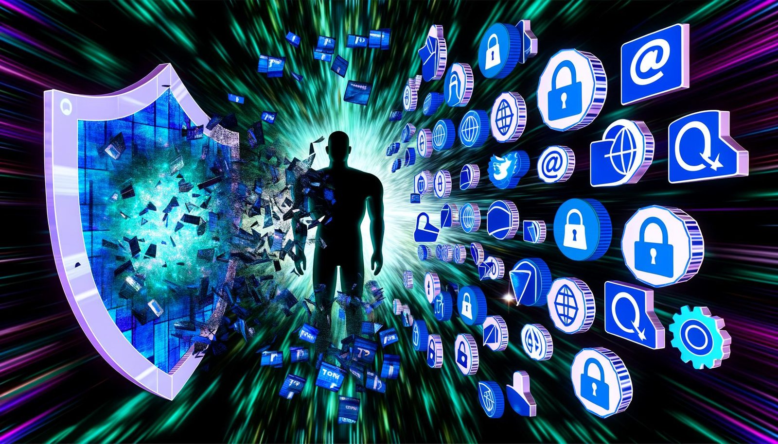 Cover-Illustration mit zersplitterten Browser-Symbolen, zerbrochenen Cookies und verblassenden Analyse-Charts. Im Vordergrund steht eine selbstbewusste Marketerin neben einem leuchtenden Server, geschützt vor Schattenhänden mit 'Adblocker', 'ITP' und 'Consent'.