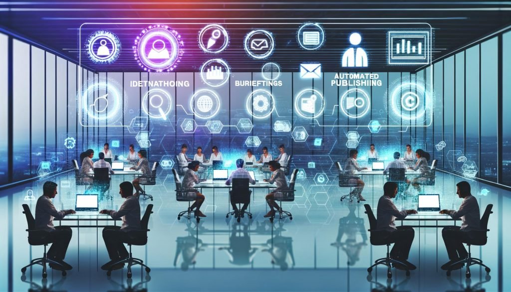 Futuristischer Newsroom mit digitalen Dashboards, Workflow-Diagrammen, Content-Teams und transparenten UI-Overlays für effiziente Content-Erstellung in einem modernen Arbeitsumfeld.