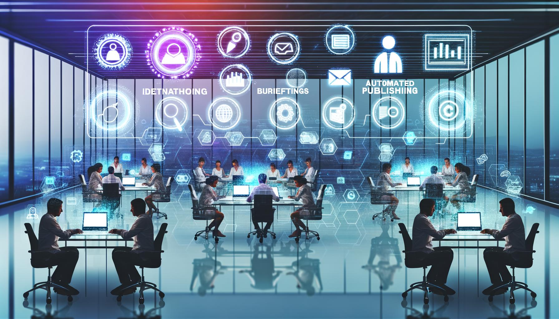 Futuristischer Newsroom mit digitalen Dashboards, Workflow-Diagrammen, Content-Teams und transparenten UI-Overlays für effiziente Content-Erstellung in einem modernen Arbeitsumfeld.