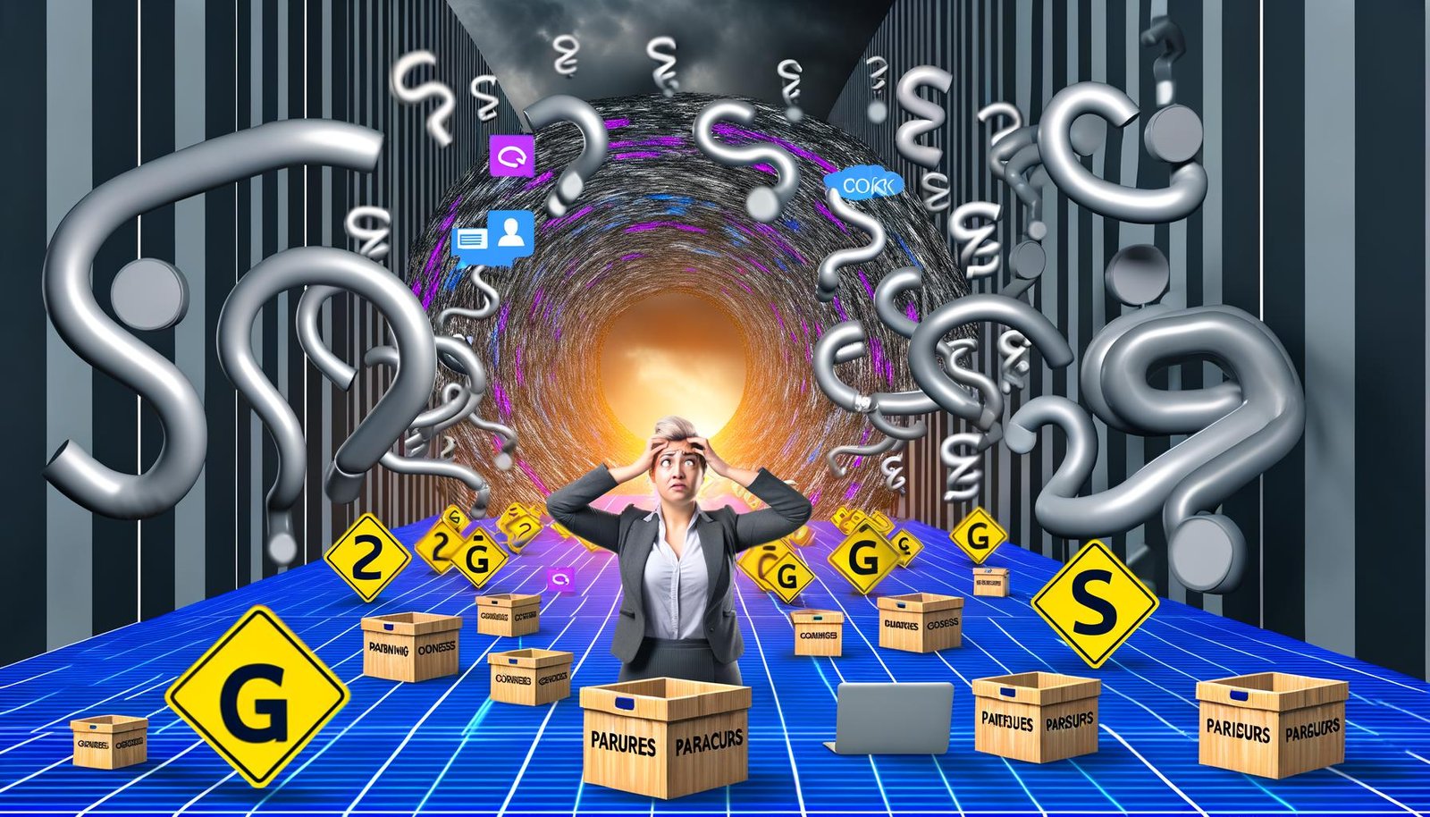 Gestresste Marketing-Managerin steht in einem grauen, mit Cookie-Bannern und DSGVO-Symbolen überladenen Labyrinth, umgeben von Abmahnanwälten und Datenströmen.