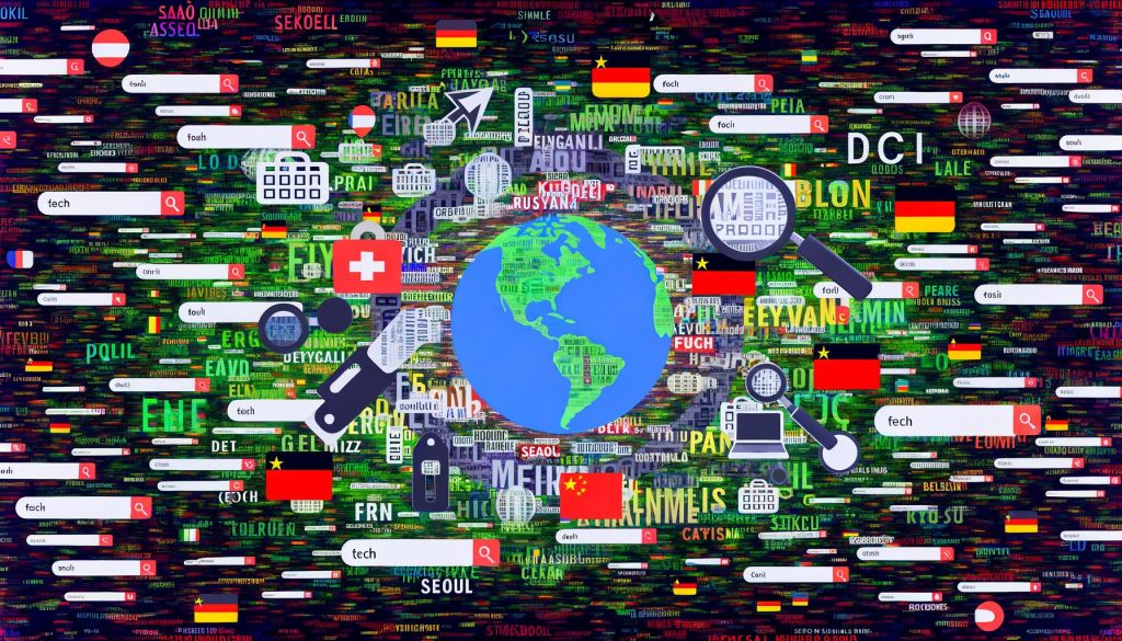 Bunte, chaotisch angeordnete Stichwörter aus verschiedenen Sprachen und Länderflaggen wirbeln um Weltkugeln, umgeben von Suchmaschinen-Logos und kulturellen Symbolen aus Großstädten.