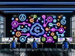 Moderne Loft-Büroszene mit Team am futuristischen Arbeitsplatz, drei Monitoren mit n8n-Logo und bunten Workflows, ergänzt durch Icons und API-Ströme von Marketing-Tools.