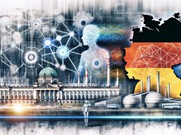 Titelbild mit moderner deutscher Stadtsilhouette, digitalen Datenströmen, KI-Symbolen und einer nachdenklichen halb-menschlichen, halb-digitalen Person zwischen Behörden, High-Tech-Laboren und Fabrikhallen.
