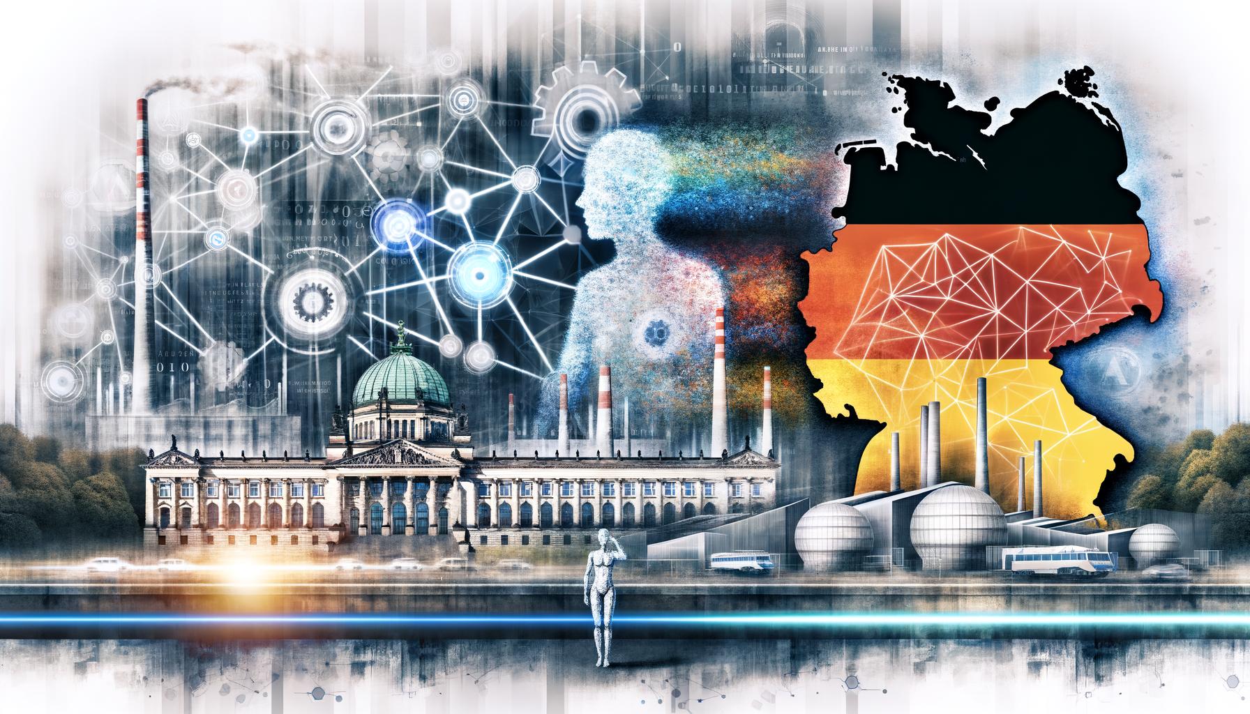 Titelbild mit moderner deutscher Stadtsilhouette, digitalen Datenströmen, KI-Symbolen und einer nachdenklichen halb-menschlichen, halb-digitalen Person zwischen Behörden, High-Tech-Laboren und Fabrikhallen.