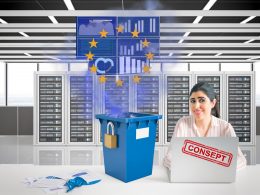 Digitaler Marketer im modernen Büro, entspannt am Laptop mit Server-Dashboard. Im Hintergrund verschwindet eine bedrohliche DSGVO-Figur, ein rotes Consent-Banner ist weggeworfen. EU-Symbole und ein Sicherheitsschloss betonen Datenschutz.