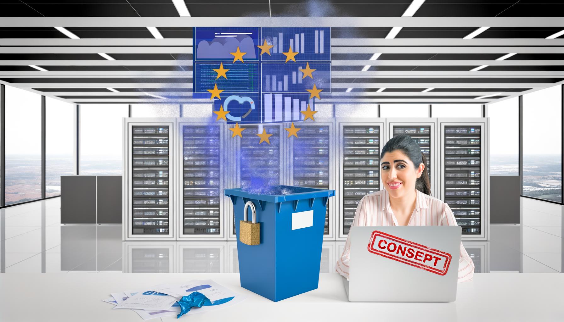 Digitaler Marketer im modernen Büro, entspannt am Laptop mit Server-Dashboard. Im Hintergrund verschwindet eine bedrohliche DSGVO-Figur, ein rotes Consent-Banner ist weggeworfen. EU-Symbole und ein Sicherheitsschloss betonen Datenschutz.