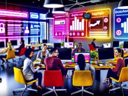 Vielfältiges Team in einem modernen Büro, das gemeinsam mit digitalen Tools, Sticky Notes und Analyse-Dashboards an Inhalten arbeitet.