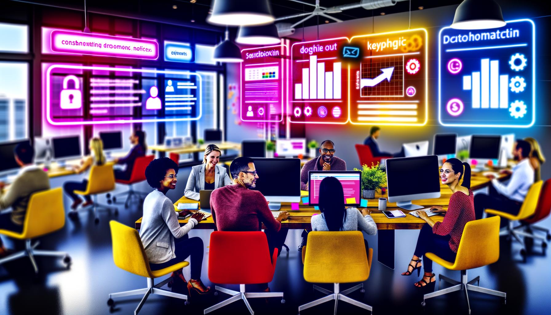 Vielfältiges Team in einem modernen Büro, das gemeinsam mit digitalen Tools, Sticky Notes und Analyse-Dashboards an Inhalten arbeitet.