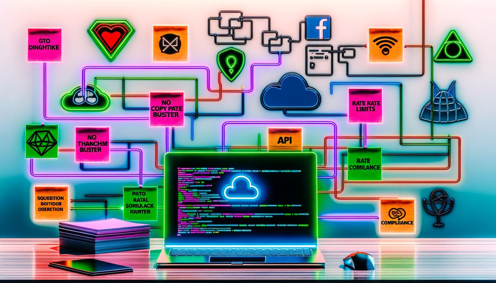 Schreibtisch mit High-End-Laptop, auf dessen Bildschirm bunte, vernetzte Phantombuster-Workflows zu sehen sind. Darüber schweben Social-Media-Icons wie LinkedIn, Twitter, Facebook, Instagram sowie API- und Cloud-Symbole mit Neon-Datenströmen. Im Vordergrund Sticky Notes mit Tech-Hinweisen.